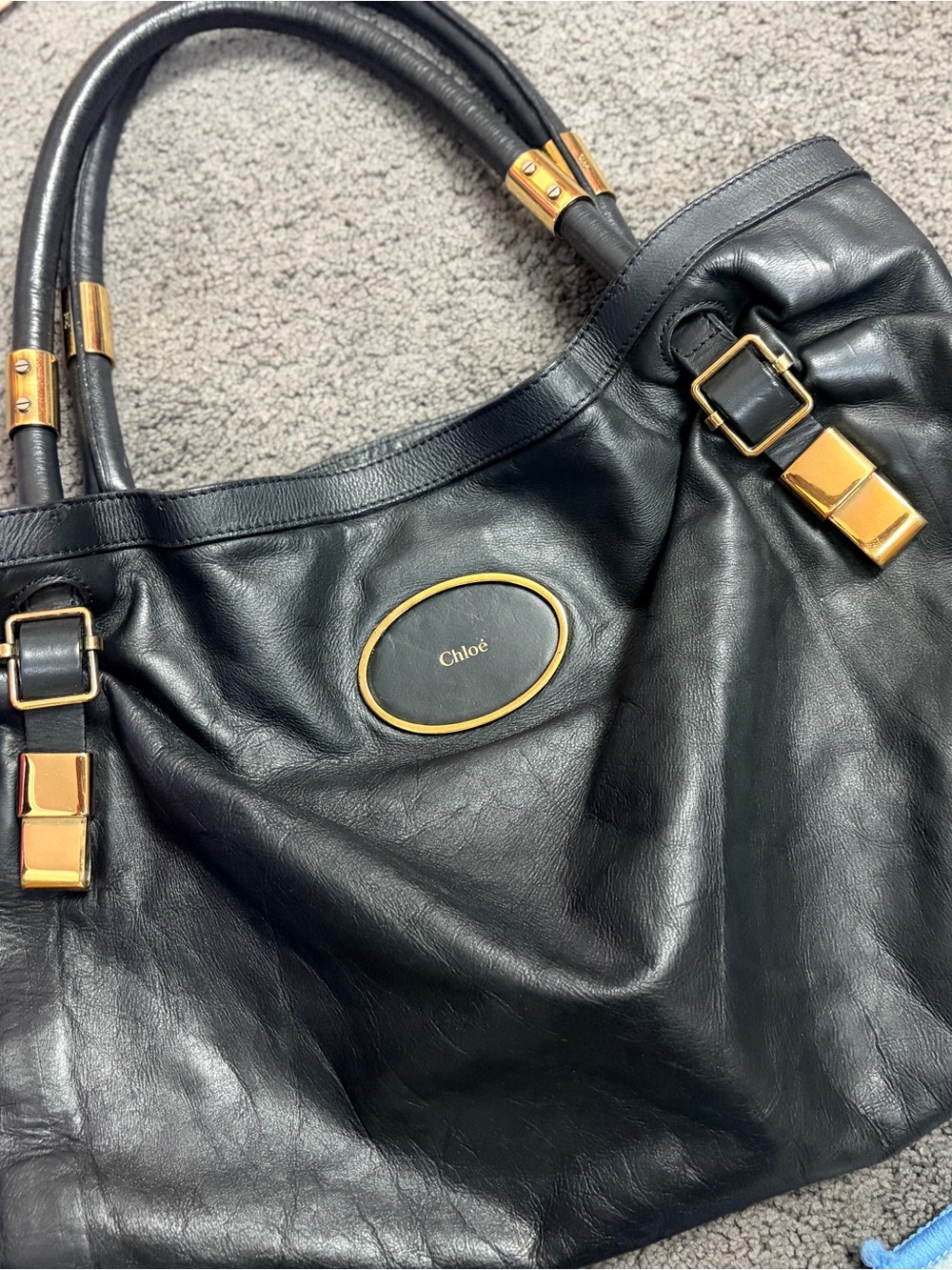 Chloé Black Leather Tote with Gold Accents